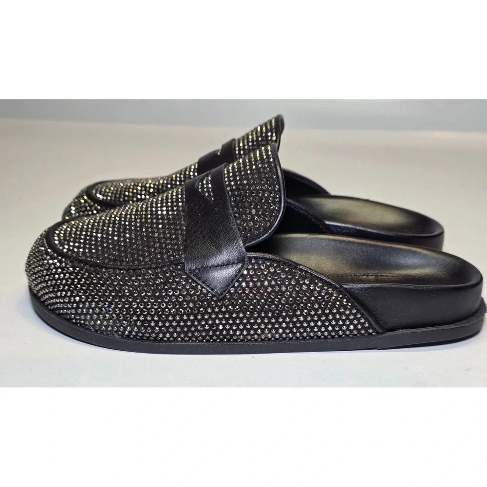 Schutz Ava Women's Shoes Size 7 B Black Leather Mule Metallic Slip‎ On Slides